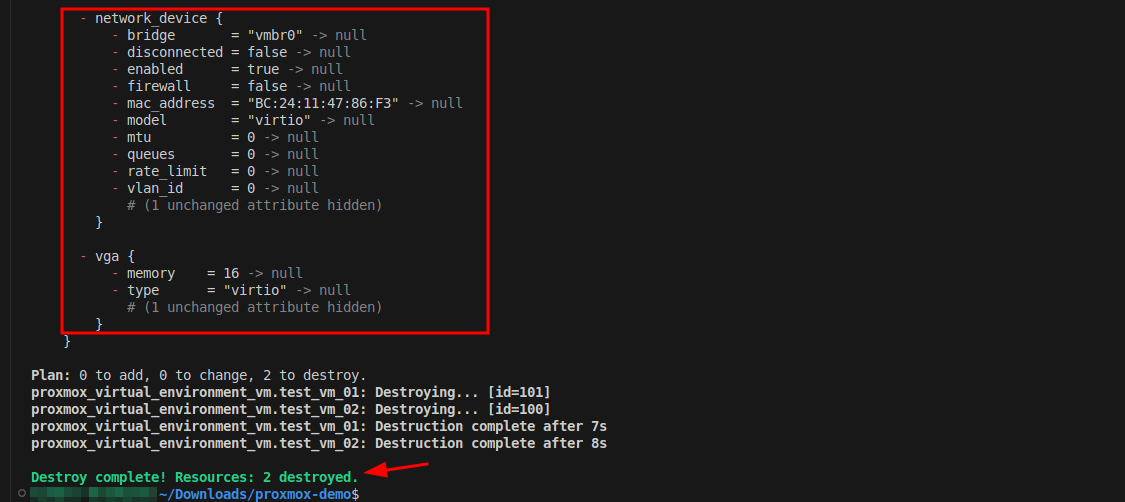 Output from running the Terraform destroy command.