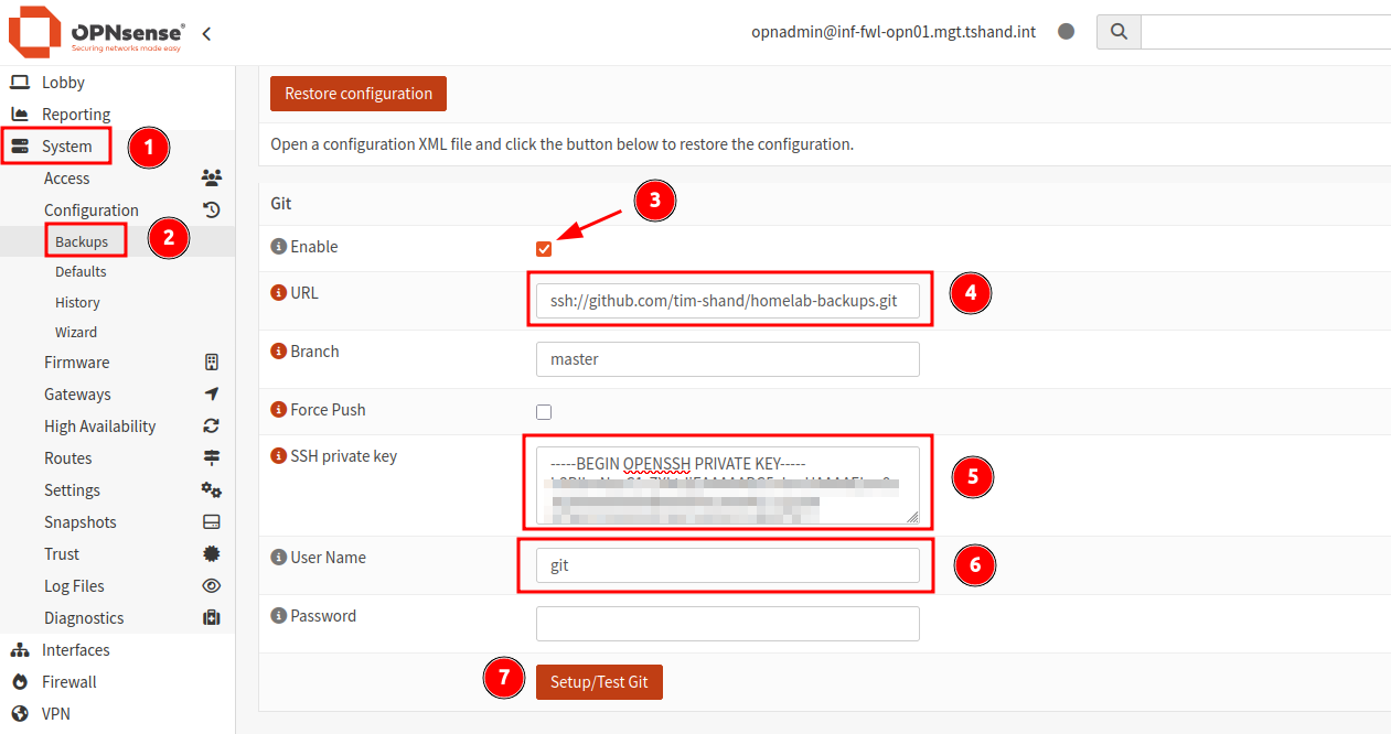 Enabling Git backup in OPNsense configuration.