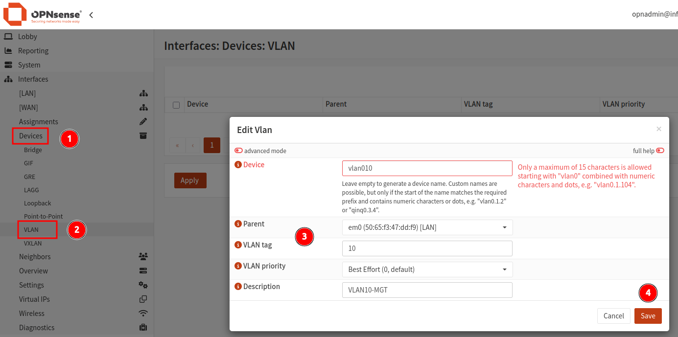 Creating a new VLAN interface in OPNsense.