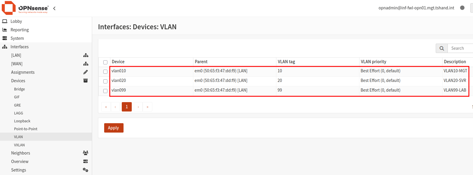 List of all VLAN interfaces created.