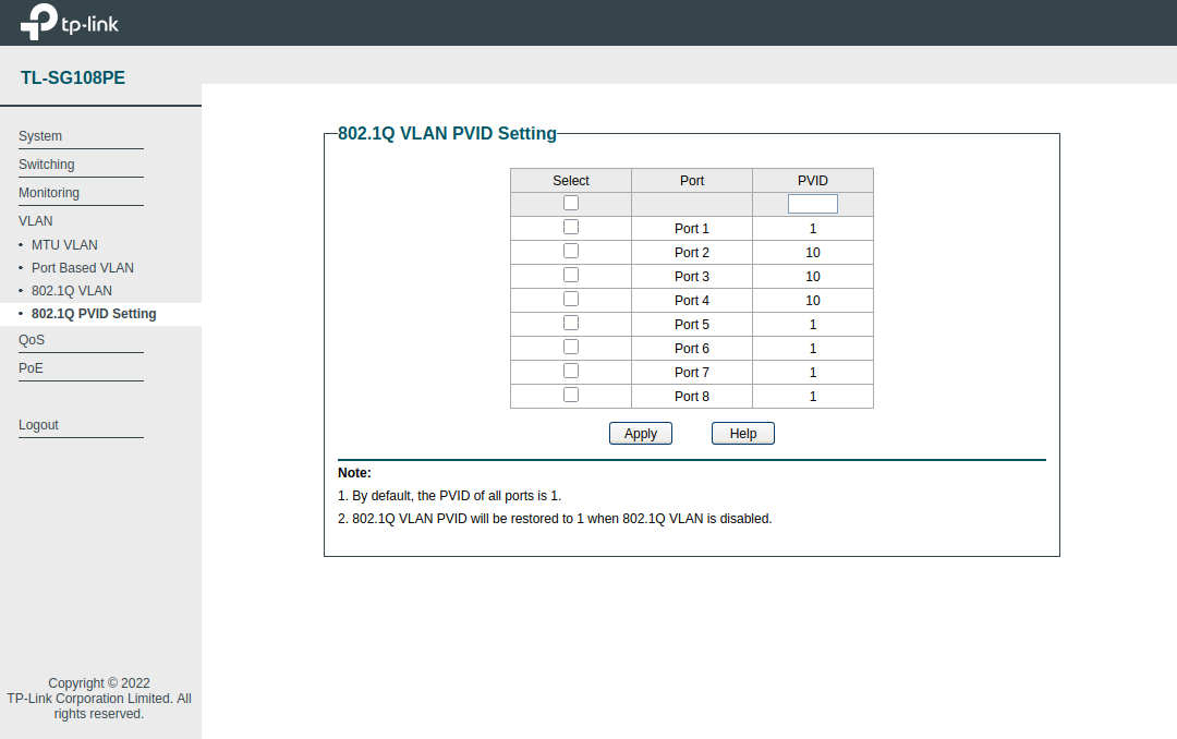 Screenshot of TP Link VLAN PVID configuration.